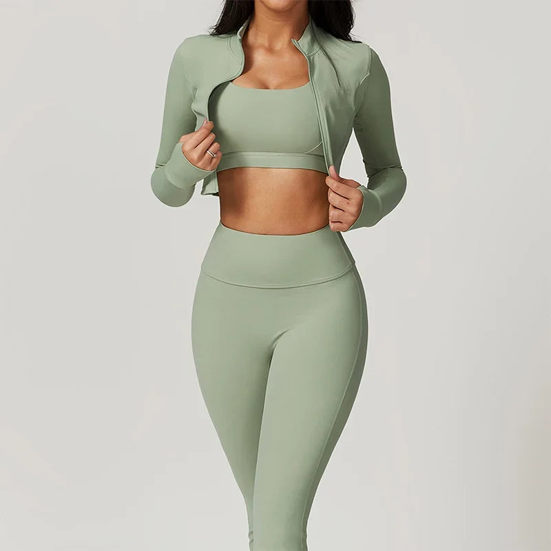 Women’s 3-Piece Activewear Set Sports Bra Leggings Long Sleeve