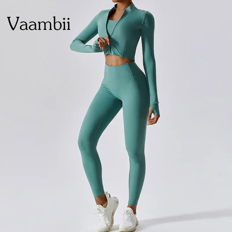 Women’s 3-Piece Activewear Set Sports Bra Leggings Long Sleeve