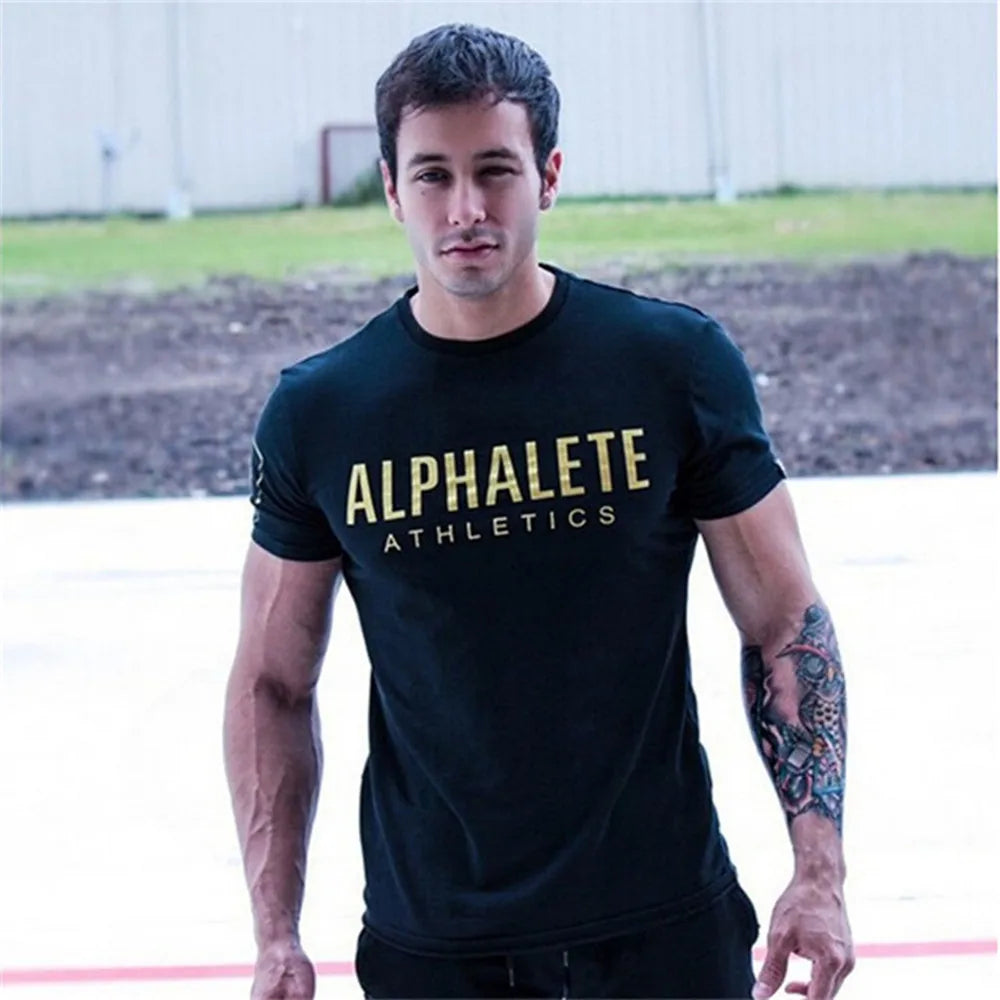 New Cotton Casual Print T-shirt Men Short Sleeve Skinny Tees Shirt Male Gym Fitness Tops Summer Sport Training Crossfit Clothing