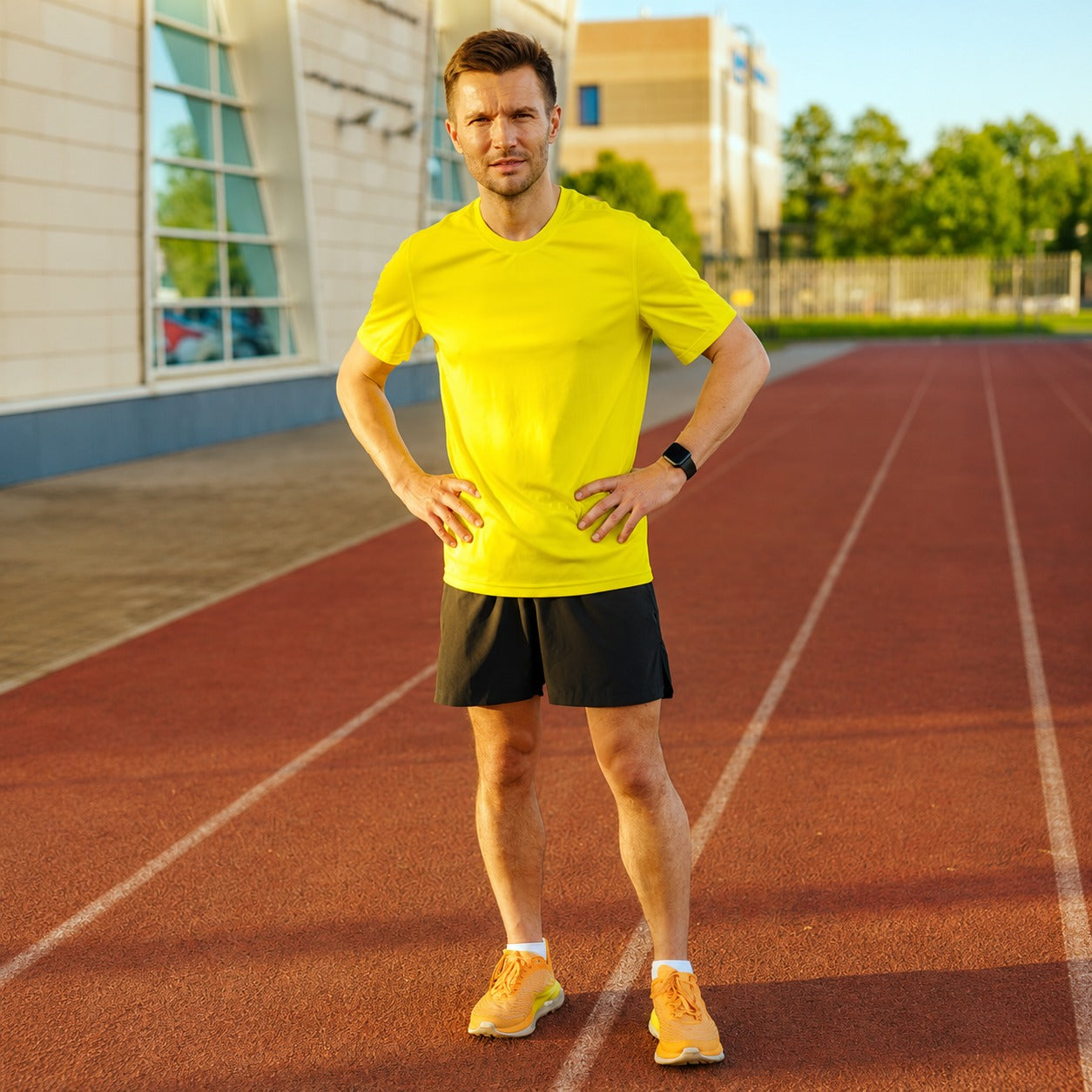 A man standing on an outdoor running track wearing a bright yellow athletic t-shirt, black running shorts, and yellow-orange running shoes.