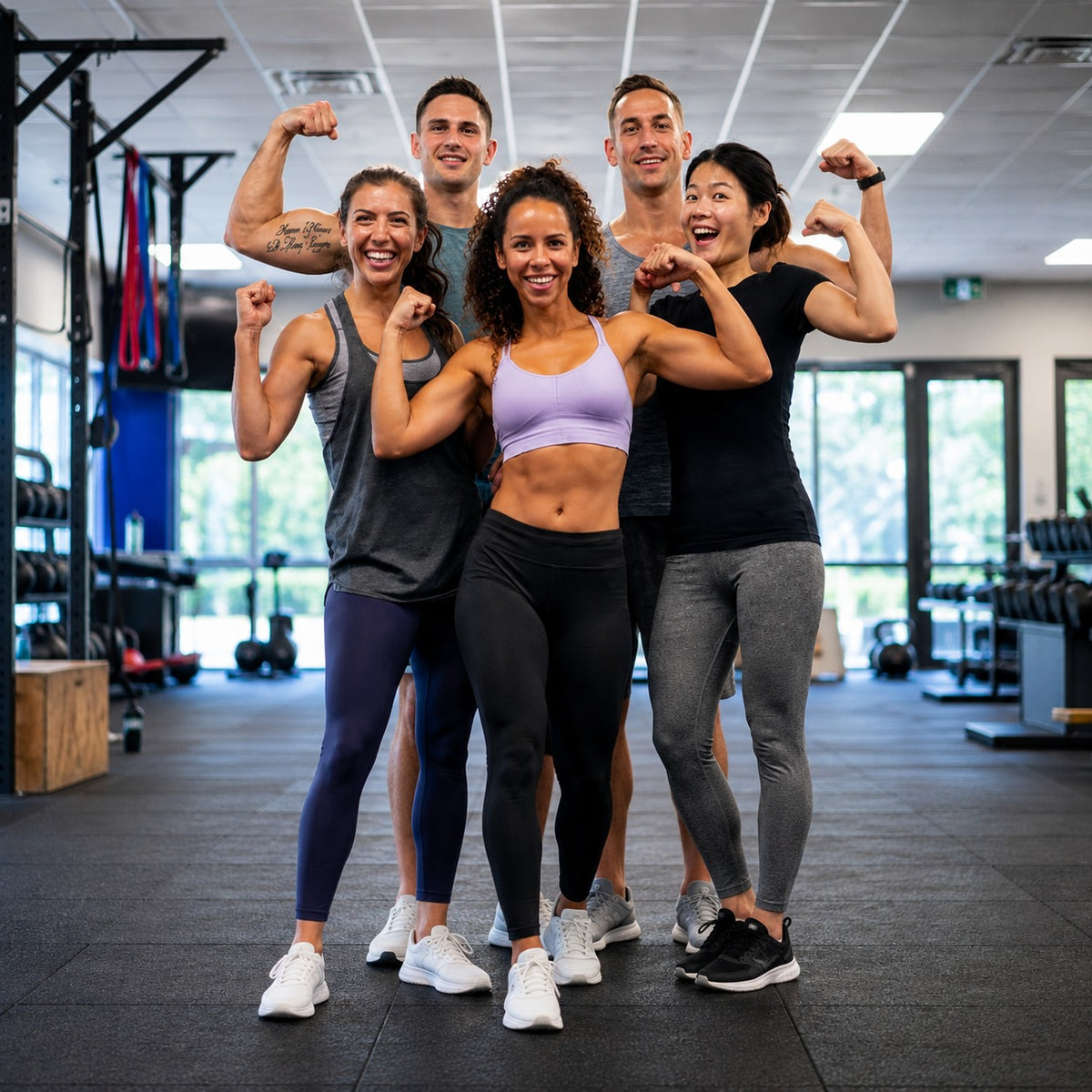 Five fitness enthusiasts posing together in a gym, flexing their biceps in a celebratory and motivational stance. They are wearing athletic wear including a light purple sports bra, black tank top, gray tank top, and various leggings.